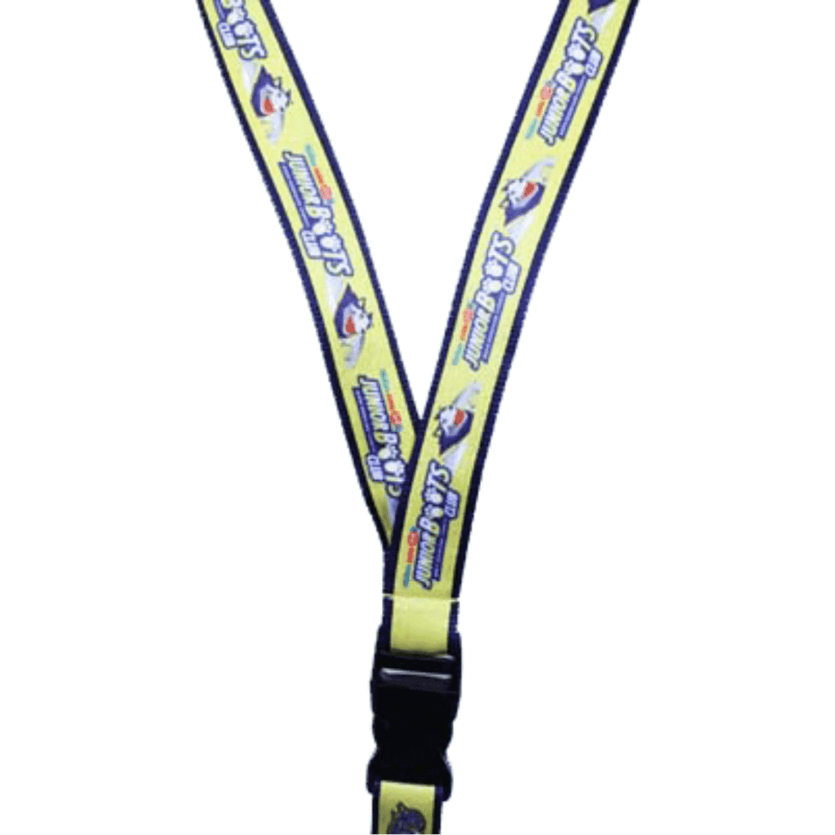 A 15mm satin lanyard in bright yellow with branding, stitched onto 20mm thick polyester.