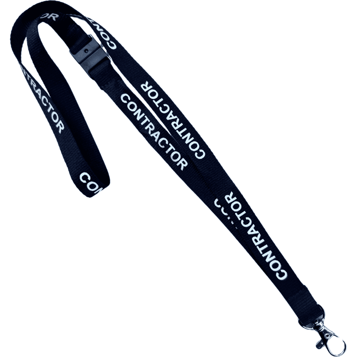 A black lanyard with the word "CONTRACTOR" printed repeatedly in white, featuring a metal clip for attachments.