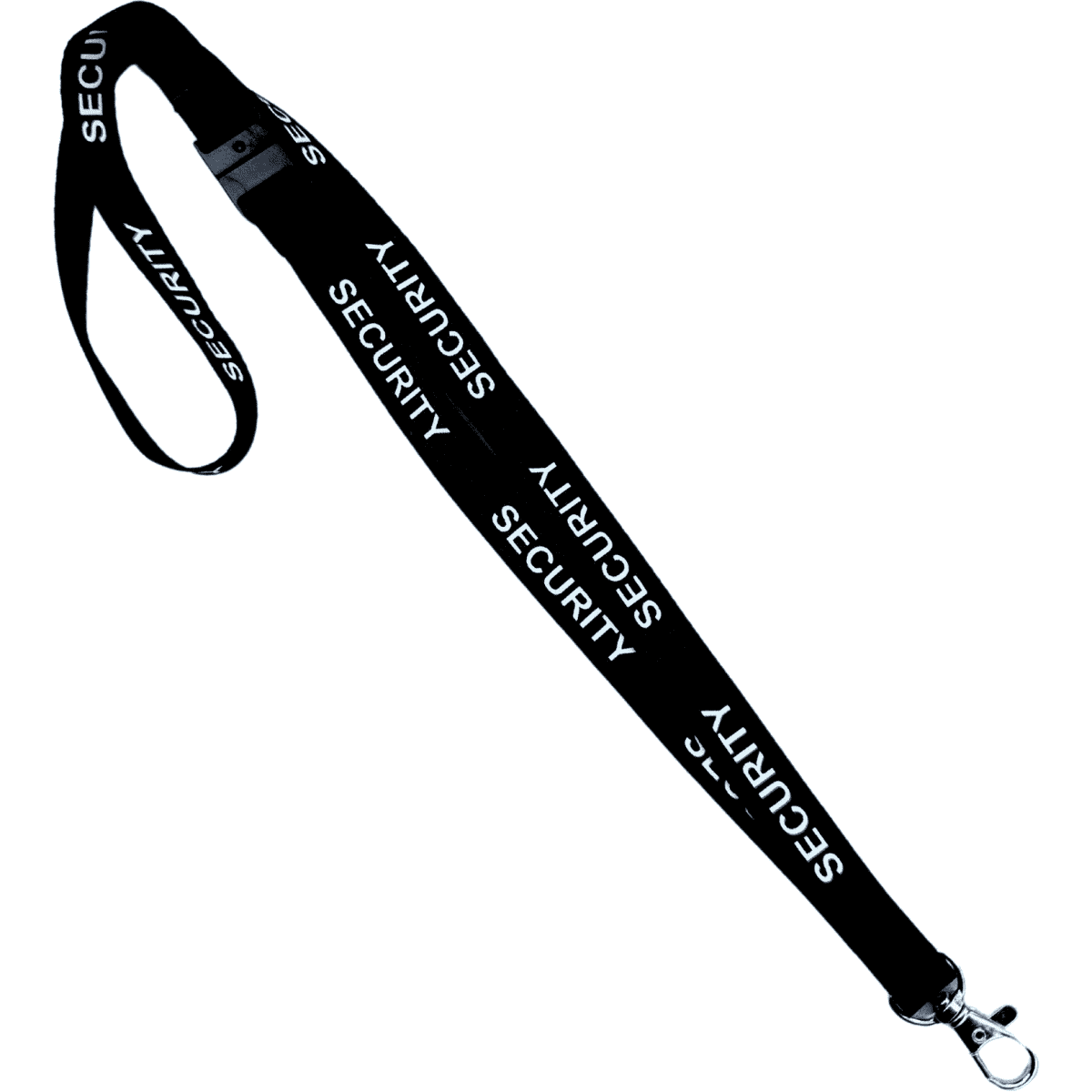A black lanyard featuring the word "SECURITY" in white, with a clip for attachment.