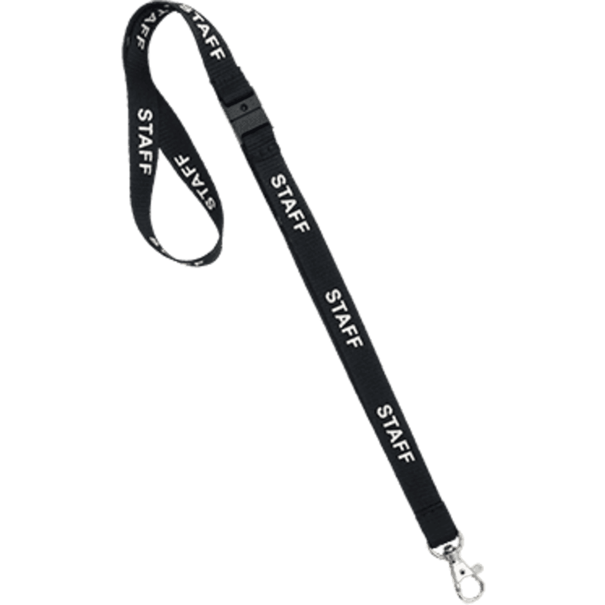 A black lanyard with the word 'STAFF' printed multiple times, featuring a clip for attaching items.