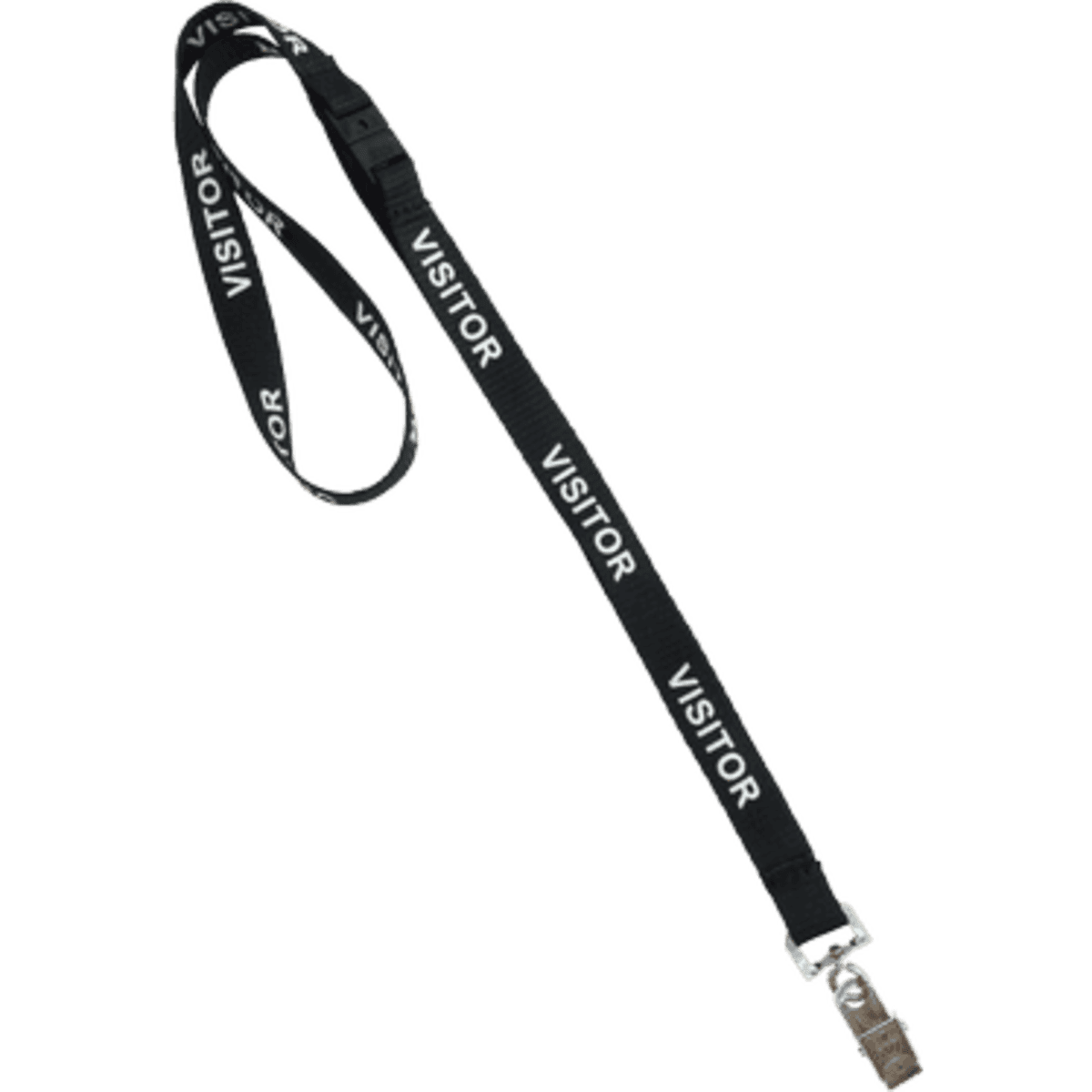 A lanyard in black featuring repeating text design. It has a metal clip for attaching ID cards or badges.