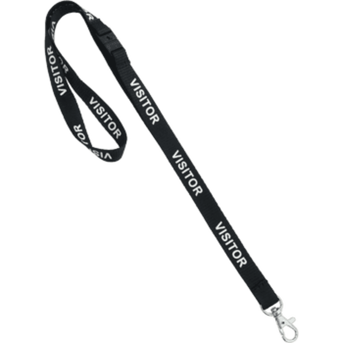 A black lanyard with the word "VISITOR" printed multiple times, featuring a silver clip for attachment.