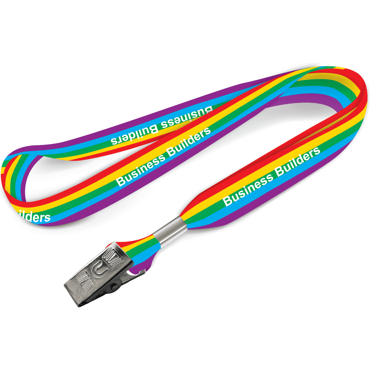 A vibrant lanyard featuring rainbow stripes and a silver clip, with a logo printed along its length.