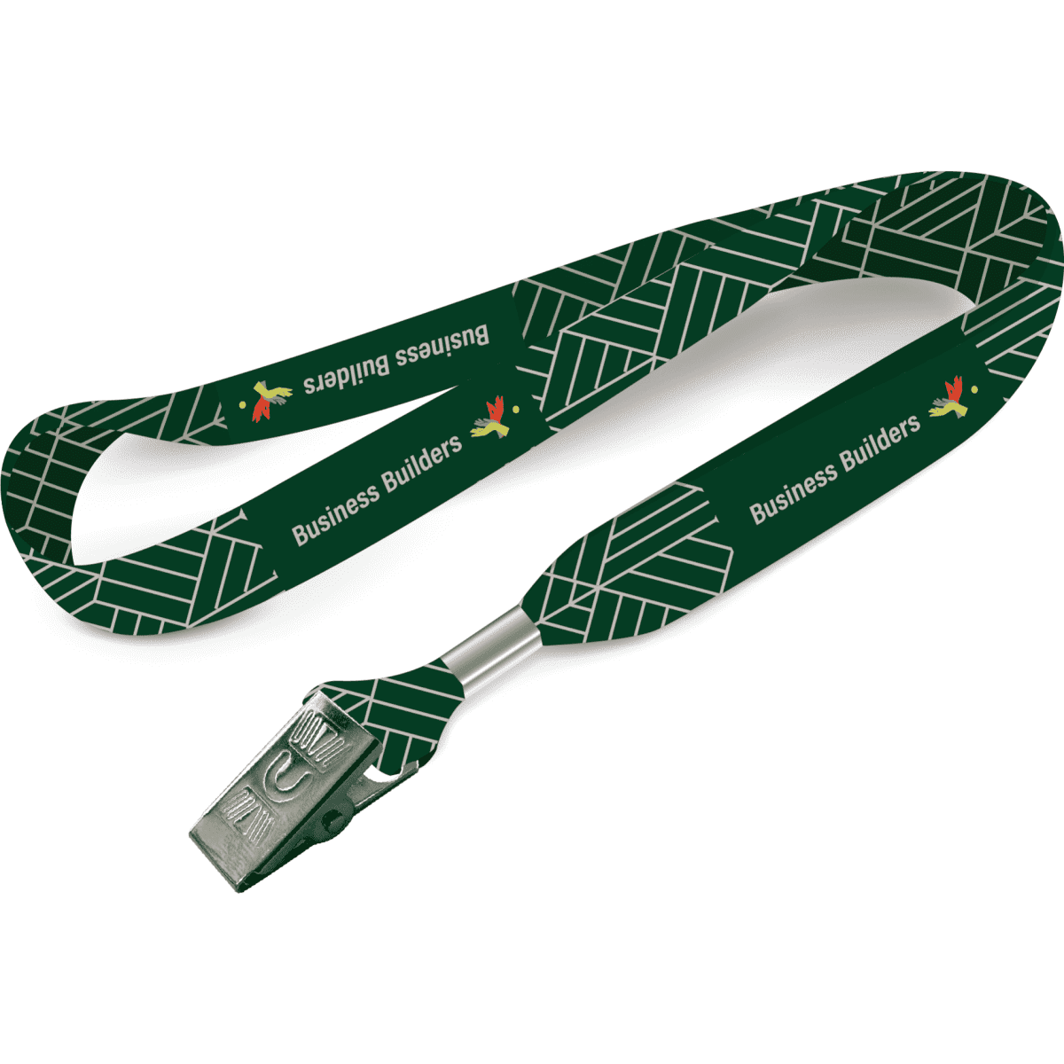 A green custom lanyard with an alligator clip and a patterned design, featuring a logo.