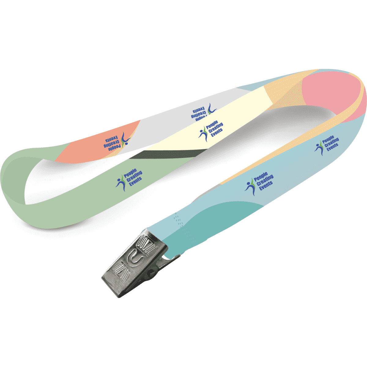 A custom local lanyard featuring pastel colours with a metal clip and logos.