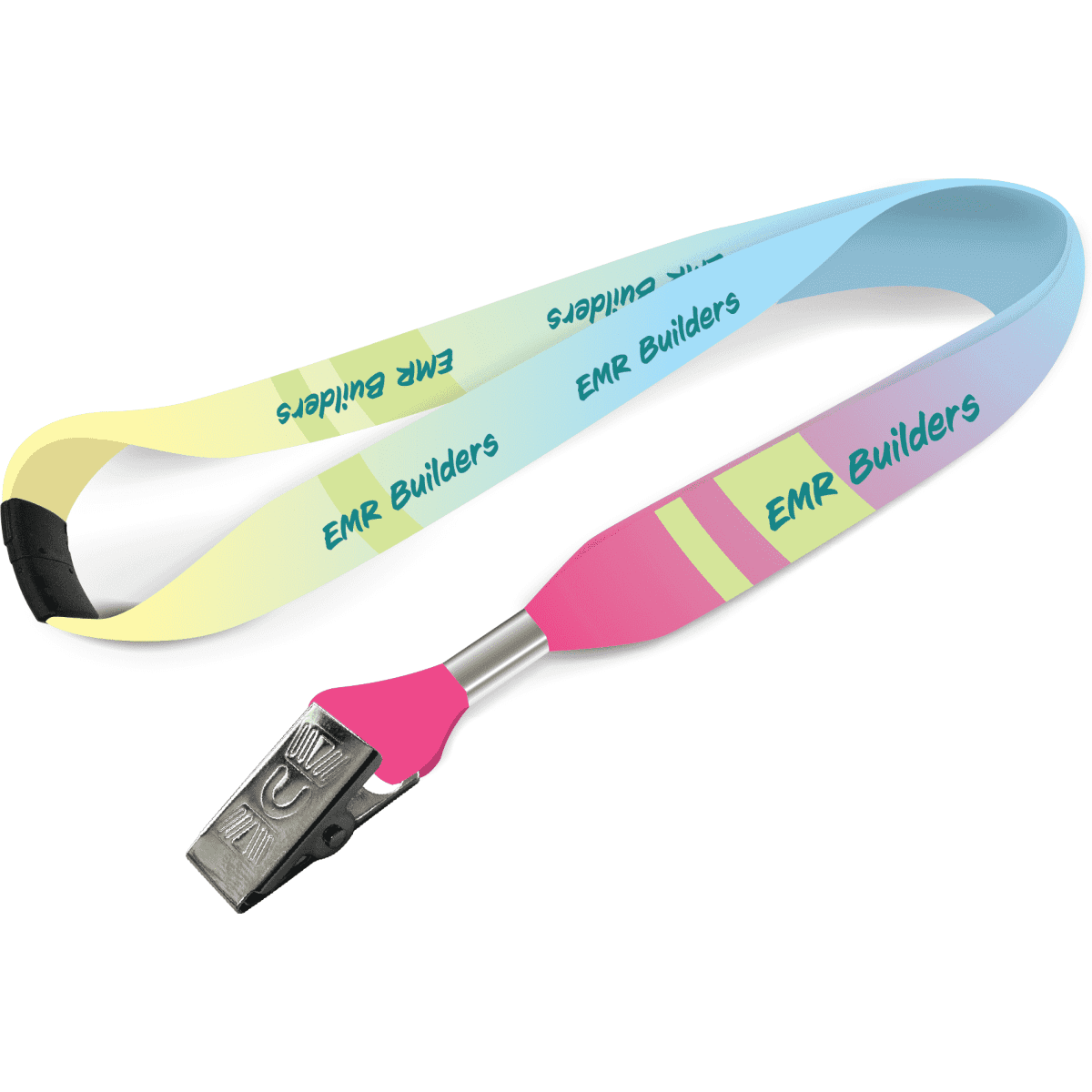 A lanyard in pastel blue and pink with a metallic clip, featuring repeated branding.