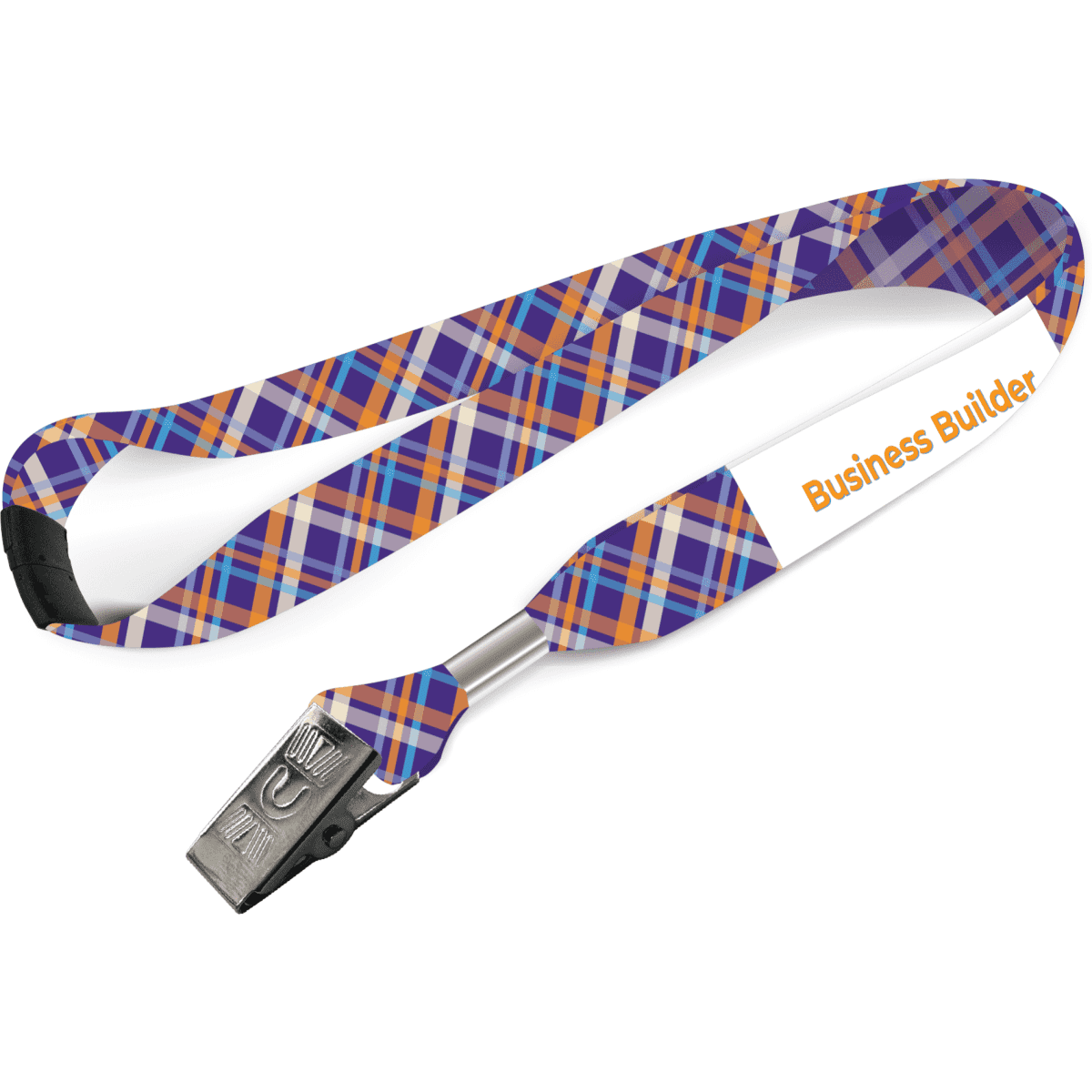 A custom lanyard featuring a purple and orange plaid design with a metal clasp and a branding area.