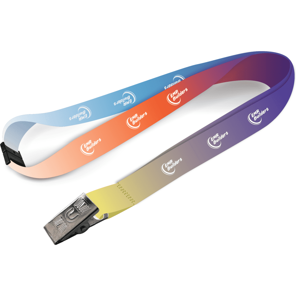 A lanyard in gradient colours of blue, orange, purple, and grey, featuring a clip and a logo.