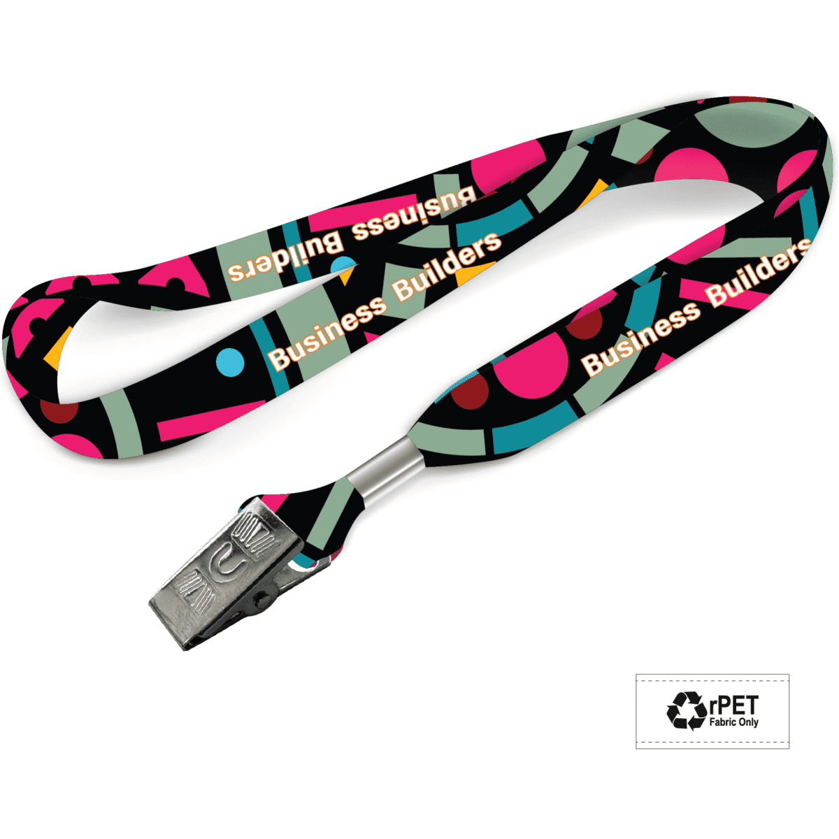 A lanyard featuring a vibrant black background with multicoloured geometric patterns and a silver clip.