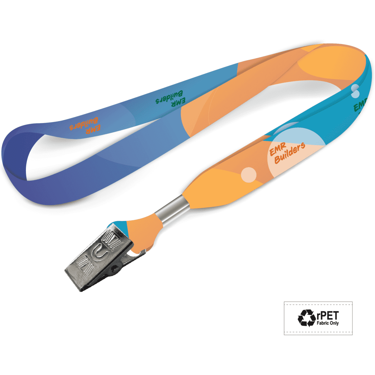 A vibrant 20mm eco-friendly lanyard in blue and orange featuring an alligator clip and logo branding.
