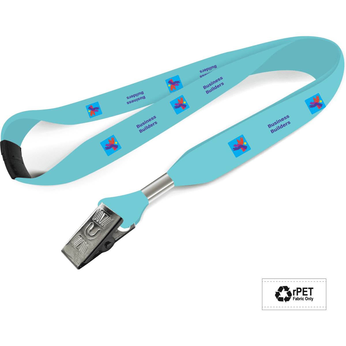 A light blue eco-friendly lanyard with an alligator clip and a logo. Suitable for promotional use.