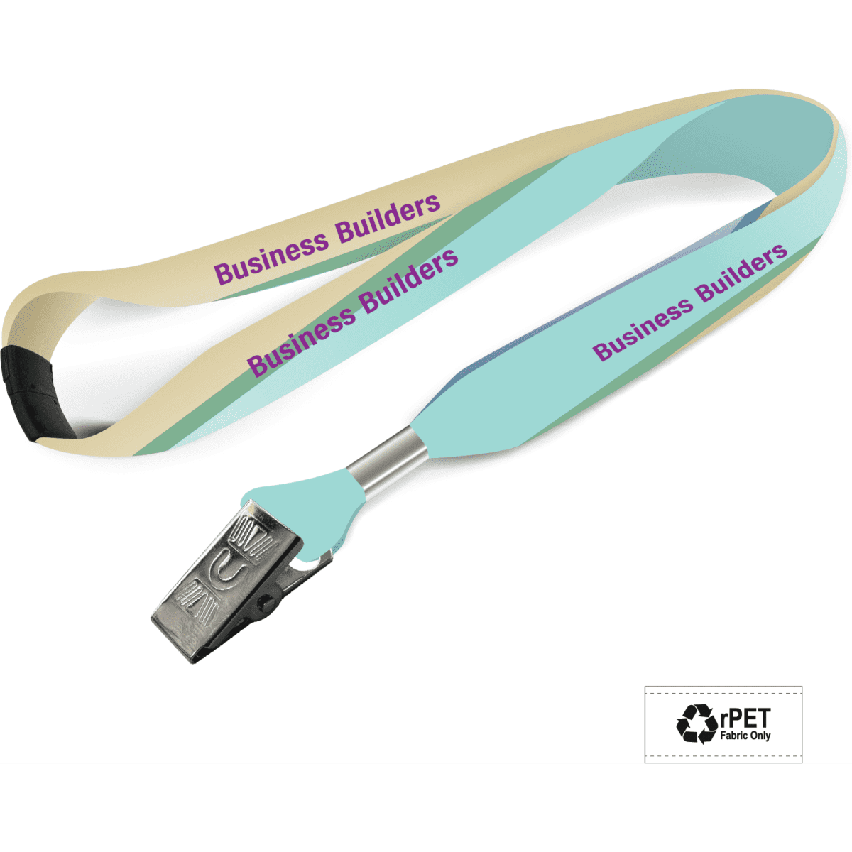 A lanyard in light blue and beige with a clip and a logo, featuring a repeating pattern design.