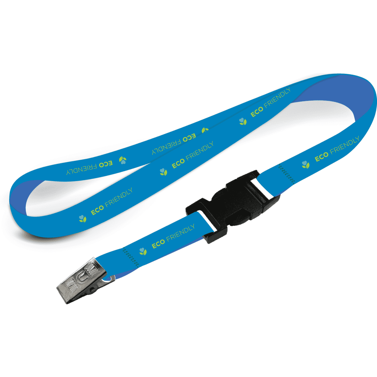 A blue eco-friendly lanyard with a silver clip and a plastic buckle, featuring a logo and environmental messaging.
