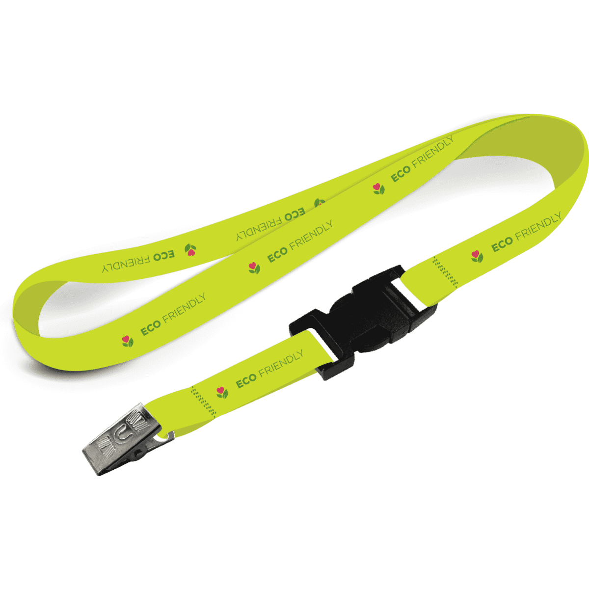 A bright yellow eco-friendly lanyard with an alligator clip and a buckle. It features a logo design.
