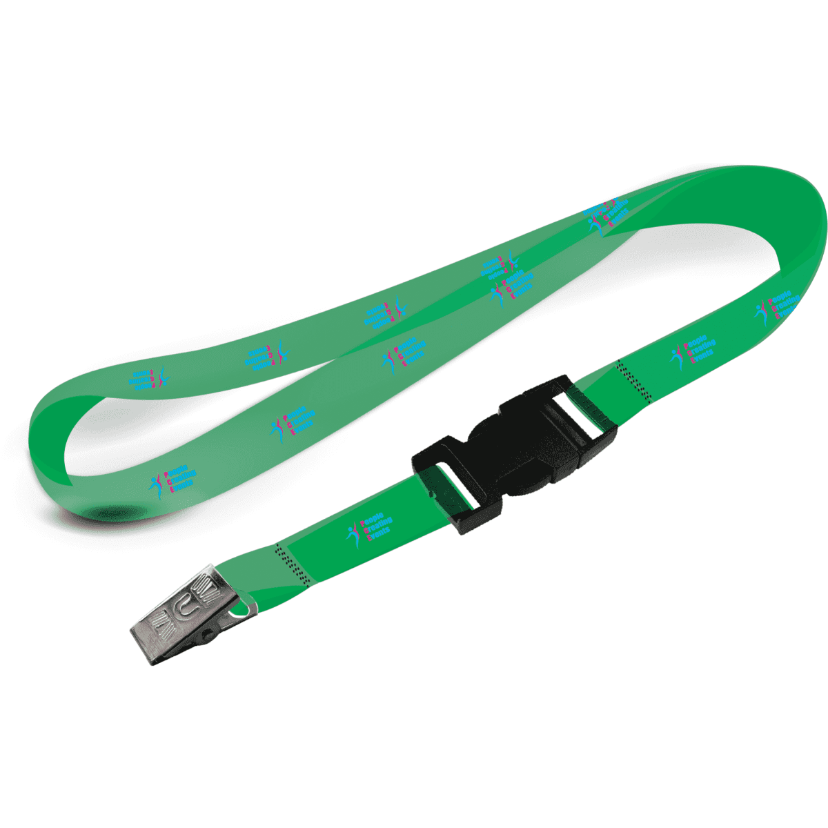 A green lanyard with an alligator clip and a logo, featuring a smooth finish and adjustable buckle.