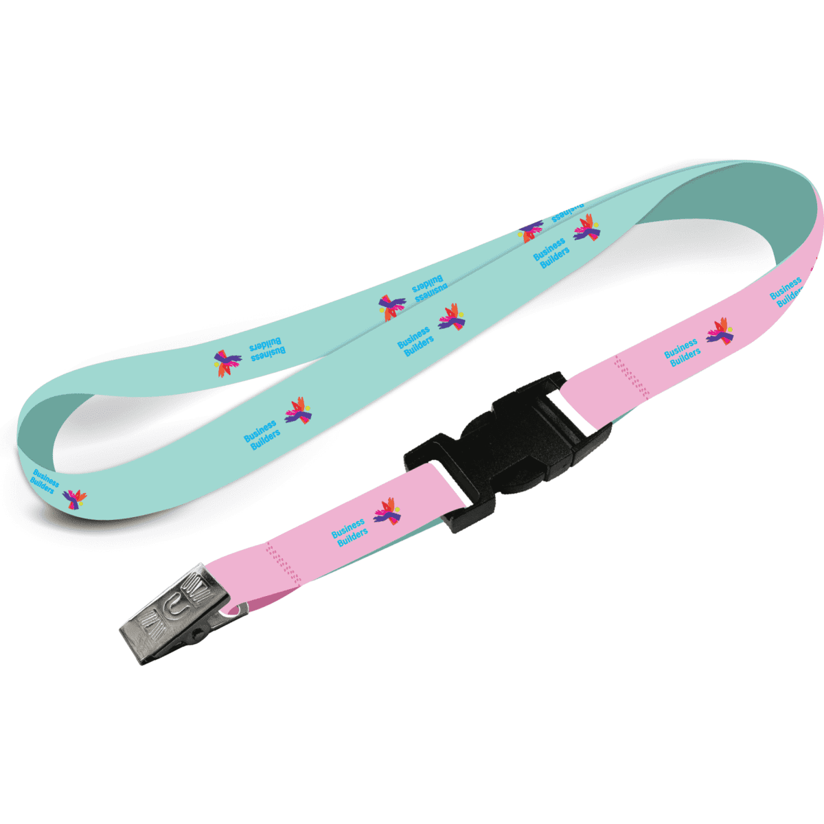 A lanyard featuring a two-tone design with light blue and pink sections, equipped with an alligator clip.