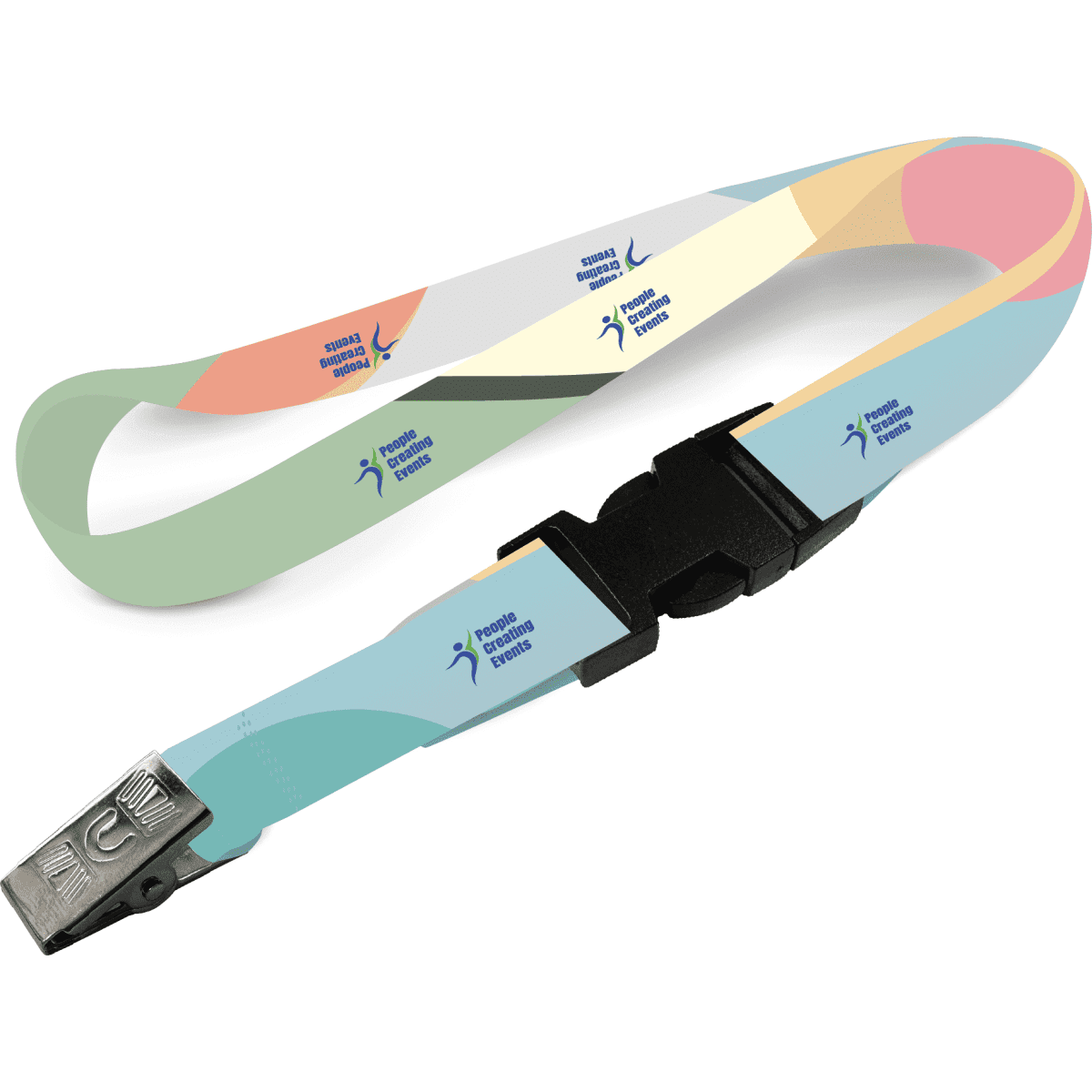 A multi-coloured lanyard featuring an alligator clip and a logo, designed for custom printing.