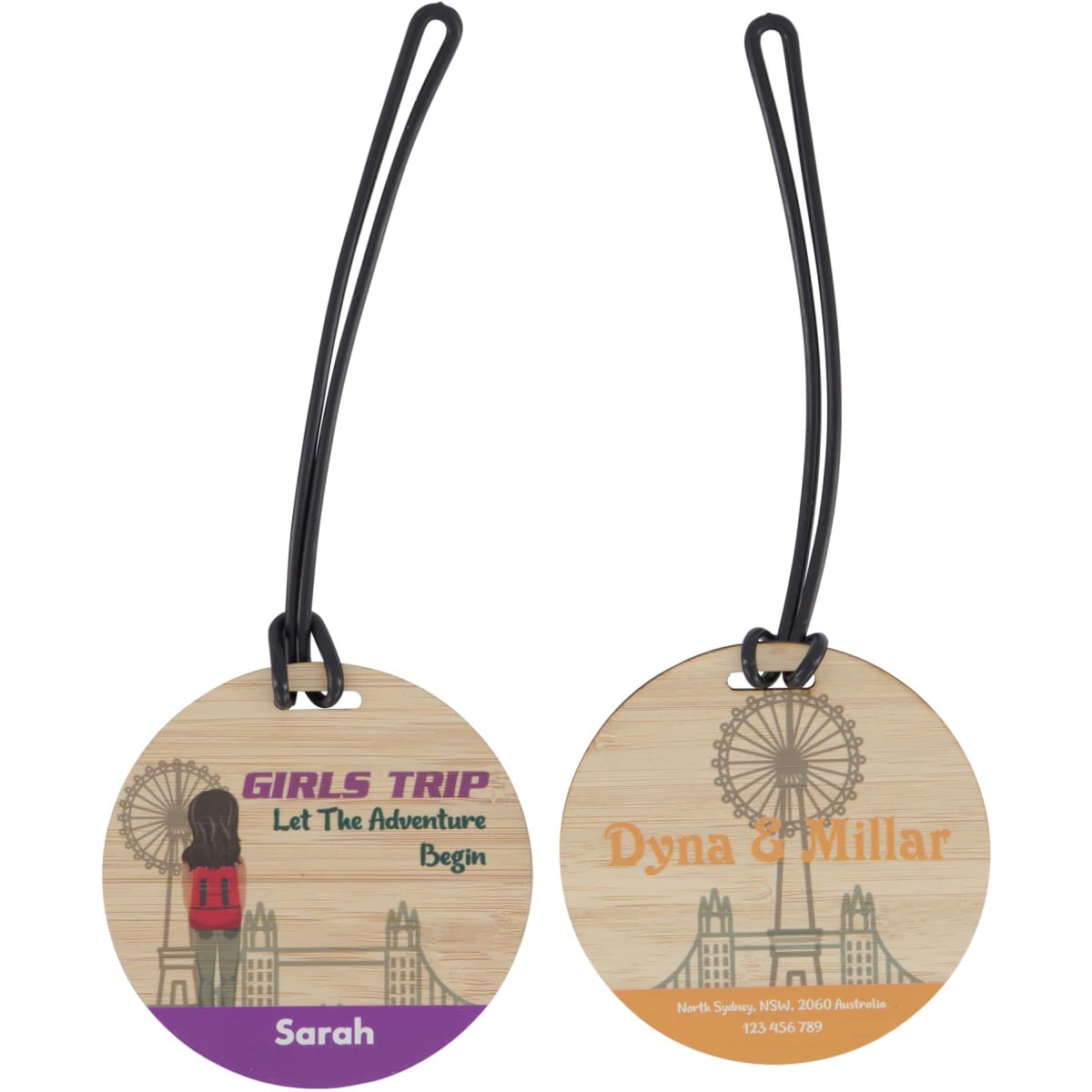 A bamboo luggage tag featuring a double-sided design in brown with a vinyl loop, showcasing graphics and branding.