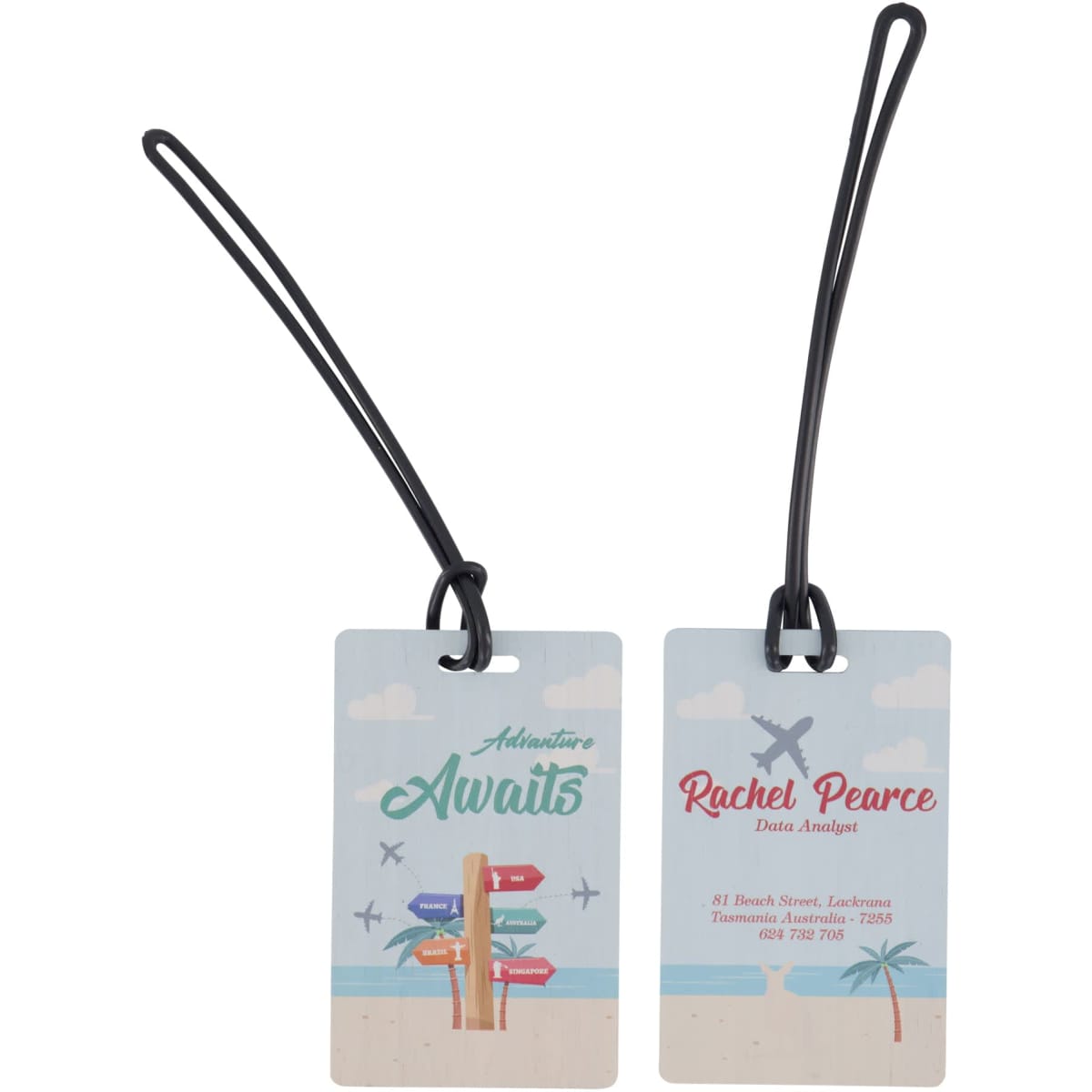 A bamboo luggage tag featuring a double-sided design with a vinyl loop, predominantly blue and black.