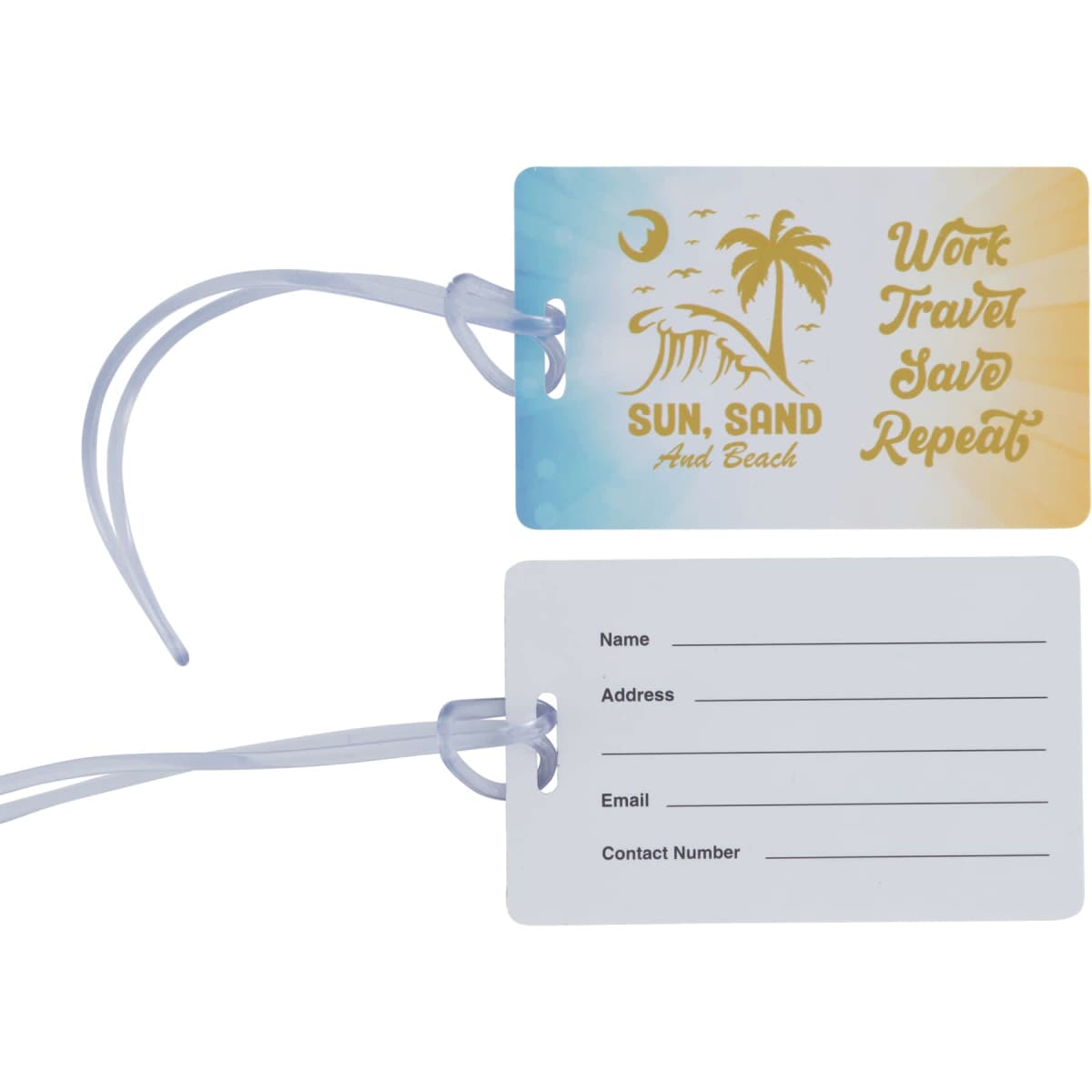 A small plastic luggage tag in blue and orange featuring tropical designs on one side and an address panel on the reverse.