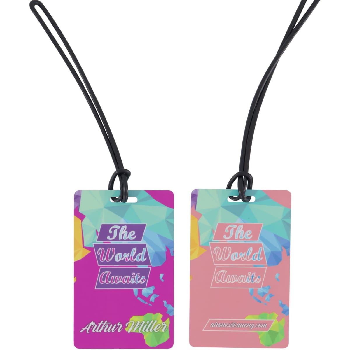 A small double-sided plastic luggage tag with a colourful geometric design and a black vinyl loop.
