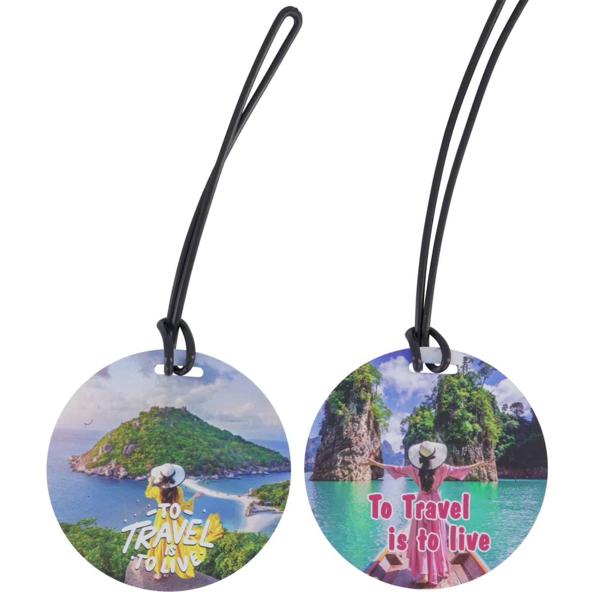 Two circular eco-friendly luggage tags in vibrant colours, featuring travel-themed graphics and a black vinyl loop.