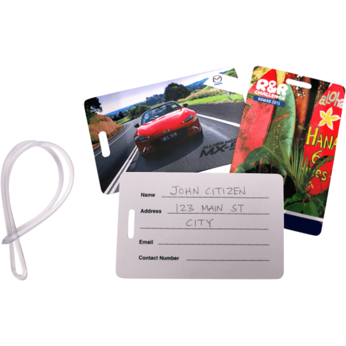 A set of colourful plastic luggage tags with an address panel, accompanied by a clear attachment strap.