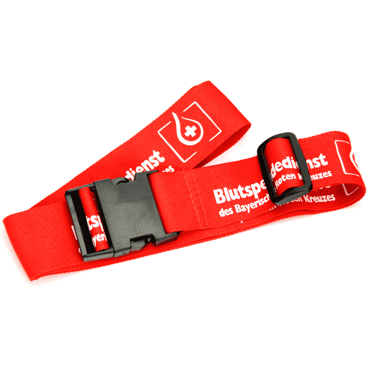 A red adjustable luggage strap with a black buckle, featuring a logo and text.