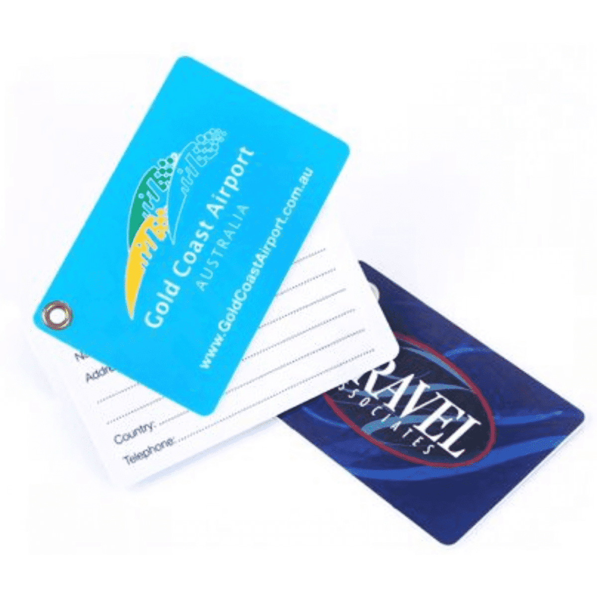 A set of plastic luggage tags in blue and white, featuring an eyelet, with space for personal information.