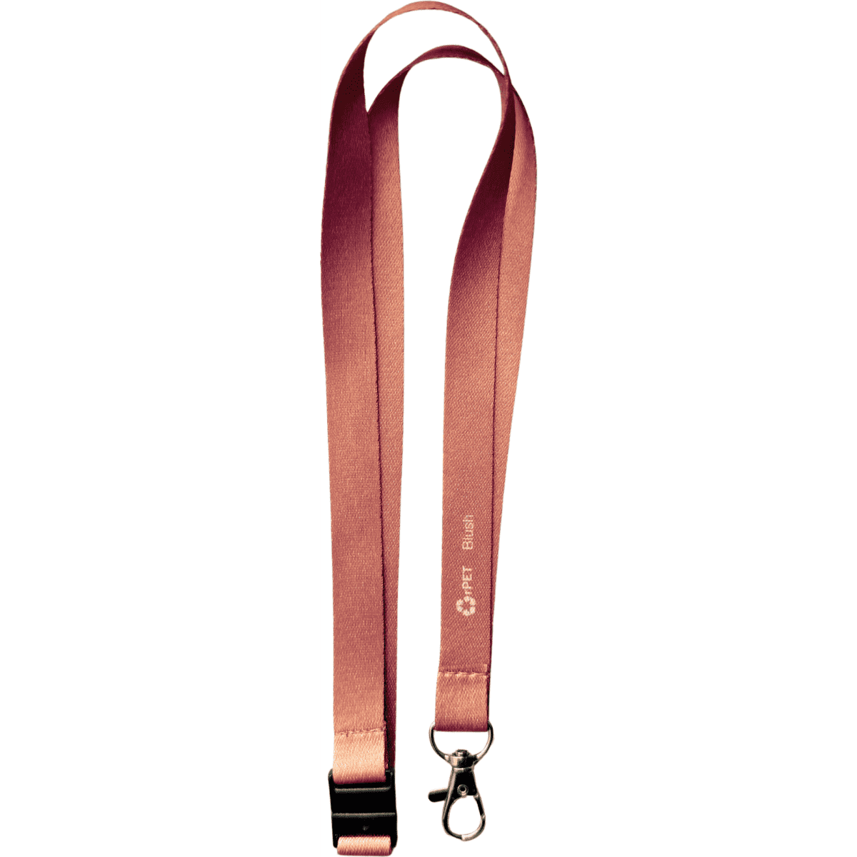A smooth, eco-friendly lanyard in a rose gold hue, featuring a carabiner clip, with a logo on the side.