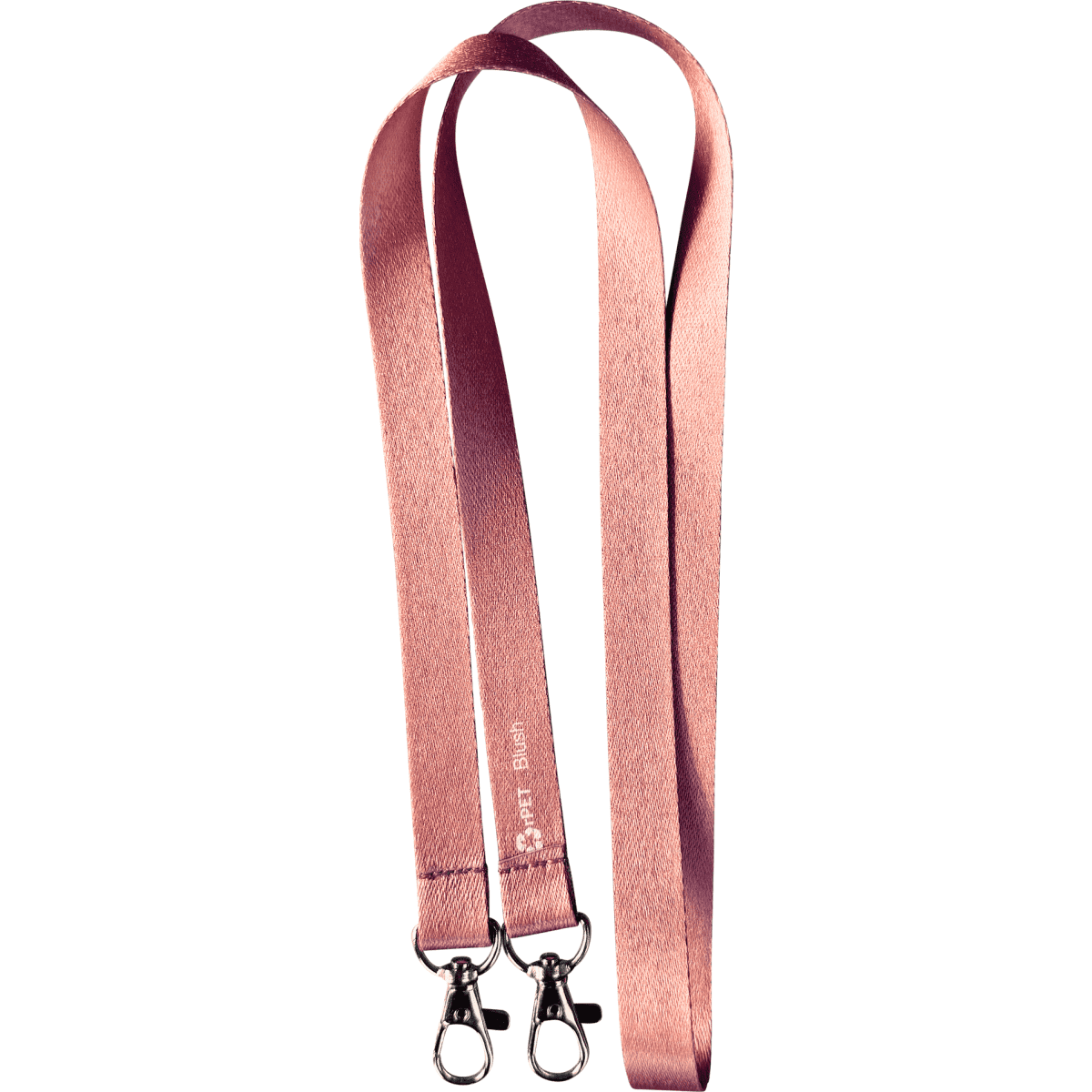 A smooth, eco-friendly lanyard in blush pink with double carabiners and a small logo.