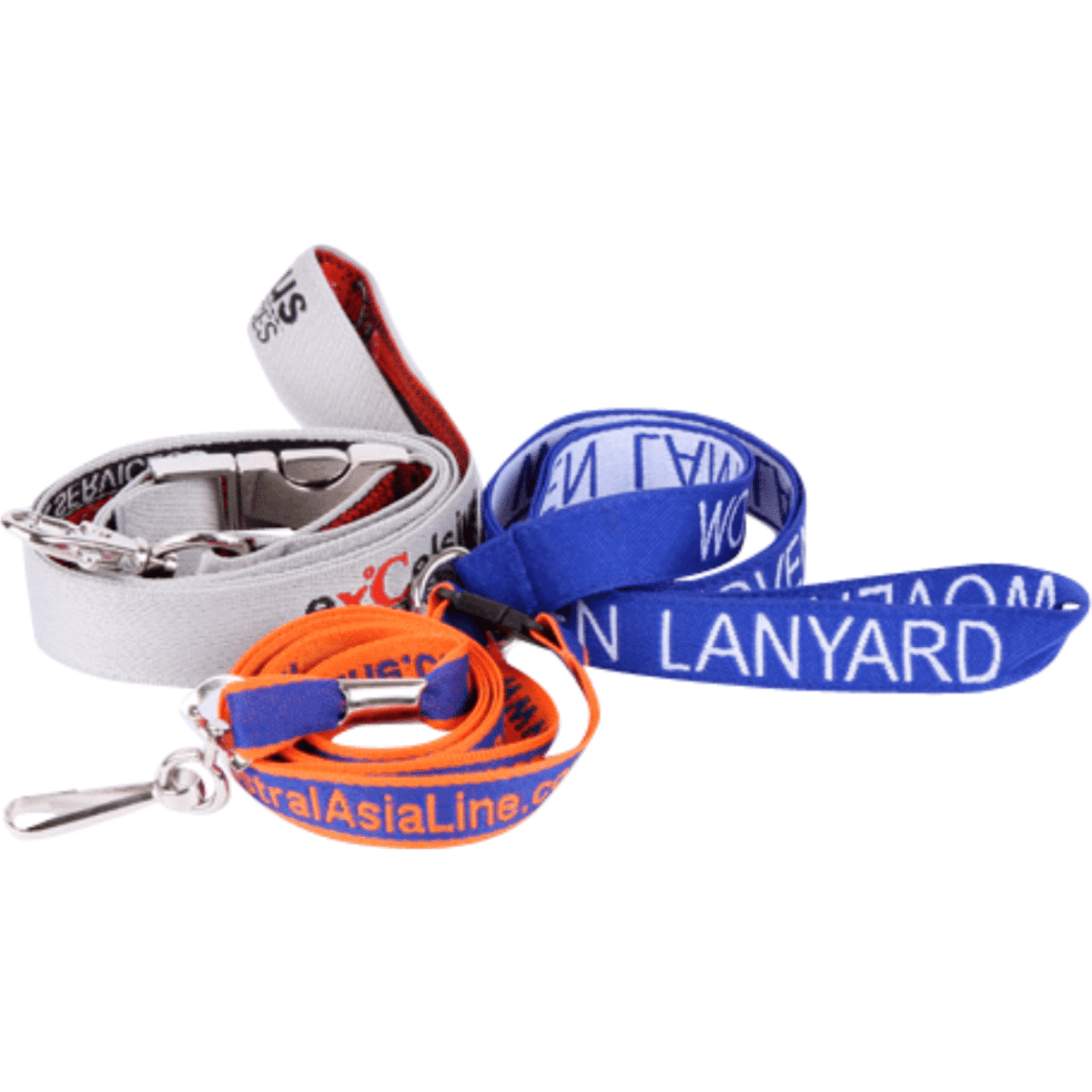 Three woven lanyards in grey, orange, and blue featuring various designs and a logo on each.