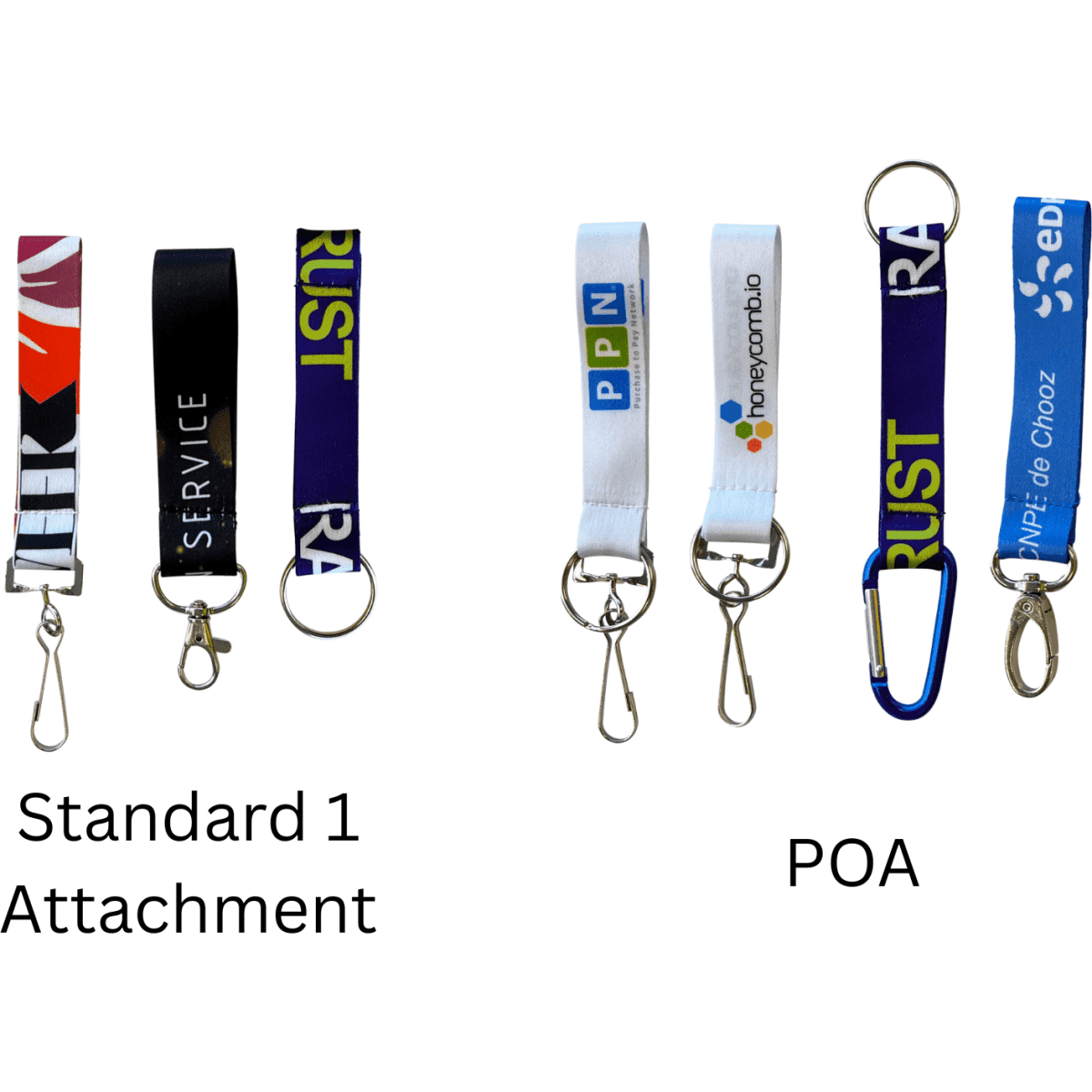 A collection of lanyards in various colours with different attachments and logos, featuring black, white, and blue designs.