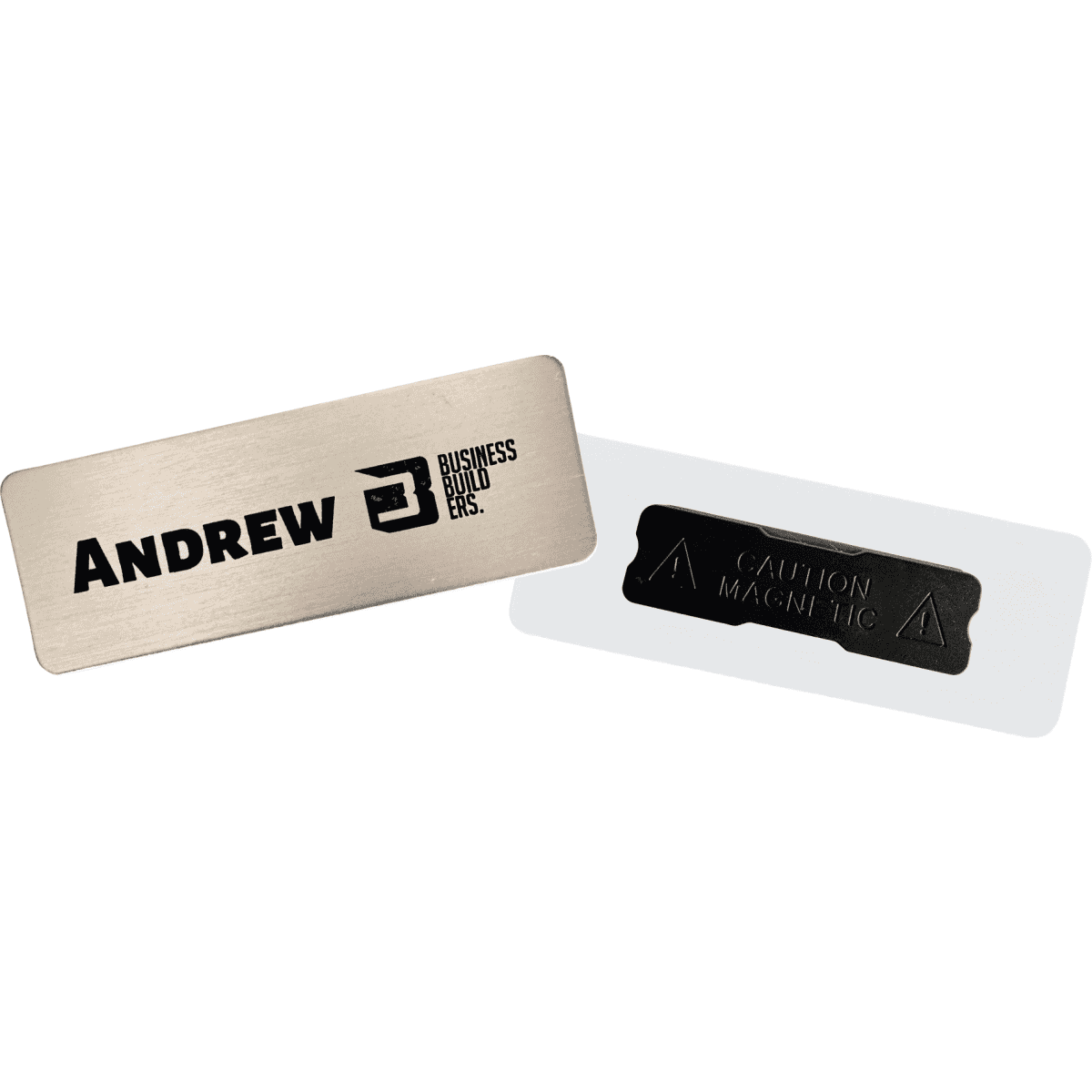 A silver metal staff badge with an engraved name and logo on the front, featuring a magnetic backing.
