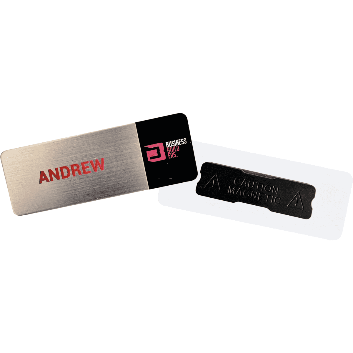 A metal staff badge with a silver base and a magnetic backing, featuring a vibrant colour print and branding.