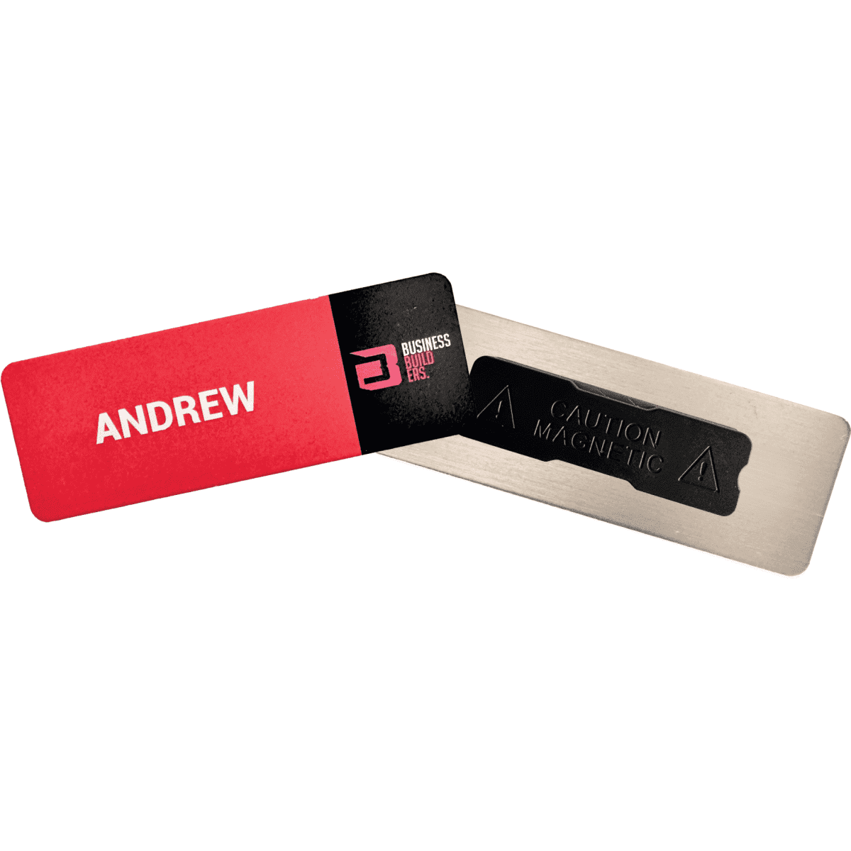 A metal staff badge with a white base, featuring a red and black design and a magnetised backing.
