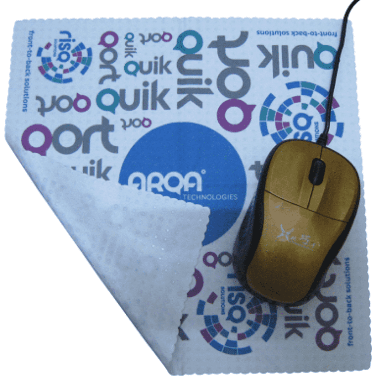 A rectangular microfiber mouse mat in white with a colourful design and a computer mouse on top.