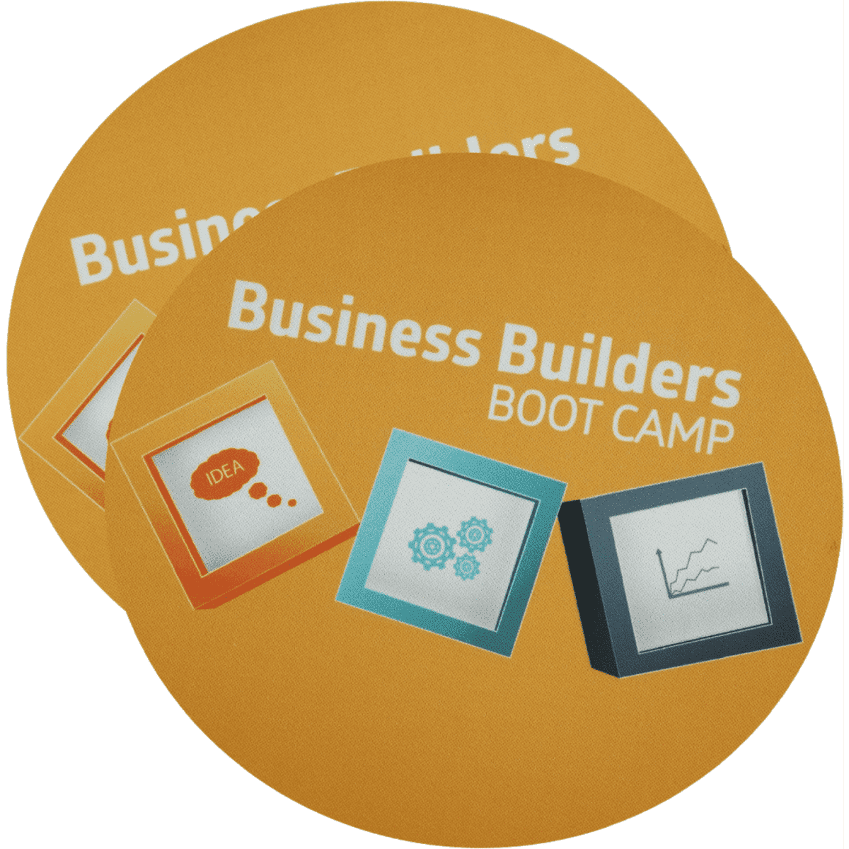 A round mouse mat in orange with a logo and graphics related to a business boot camp.