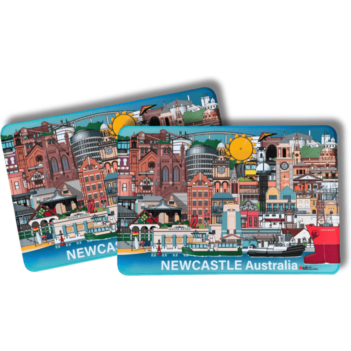 A desk mat featuring a colourful illustration of Newcastle, Australia, with various buildings and landmarks.