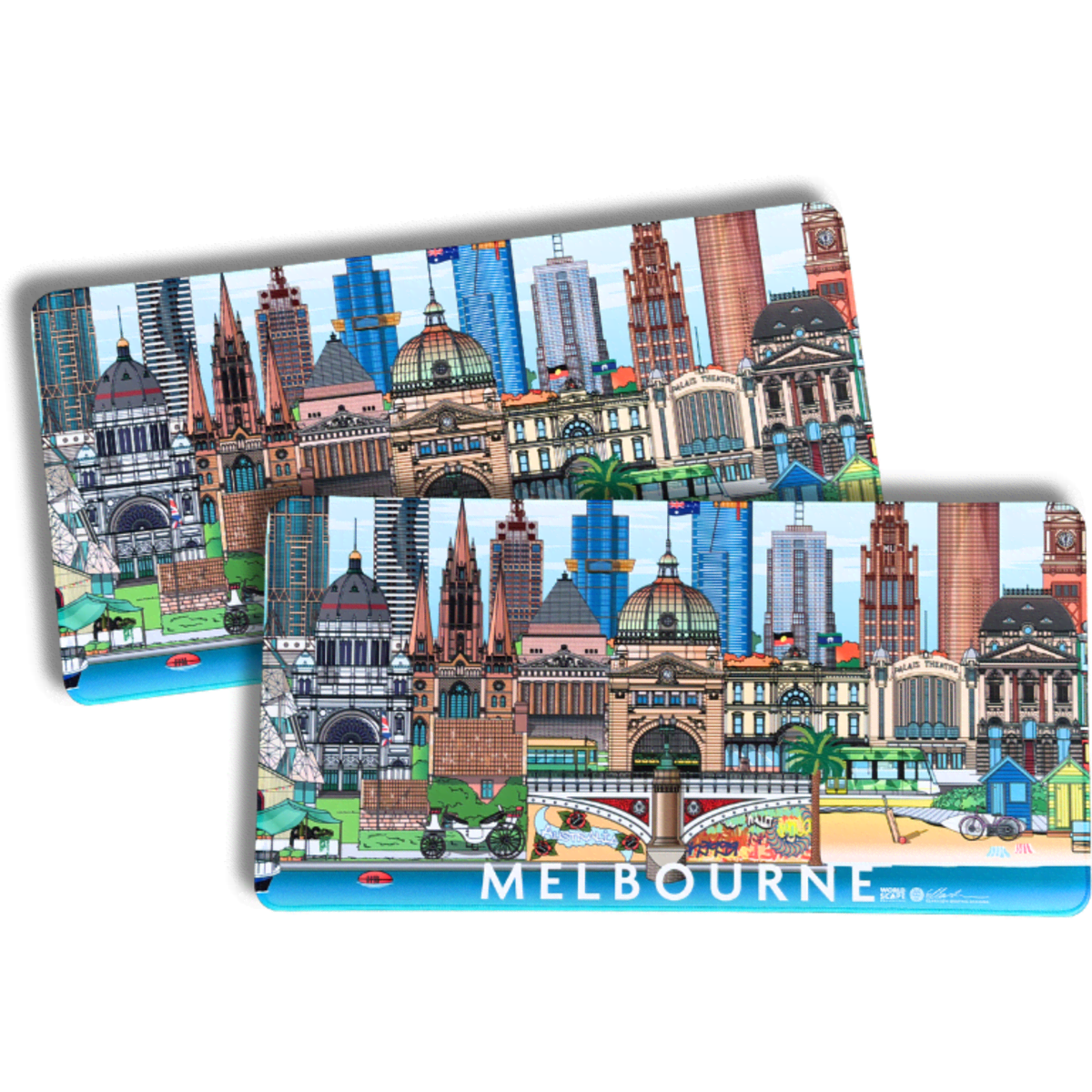 A vibrant, full-colour desk mat featuring iconic Melbourne landmarks with a logo present.