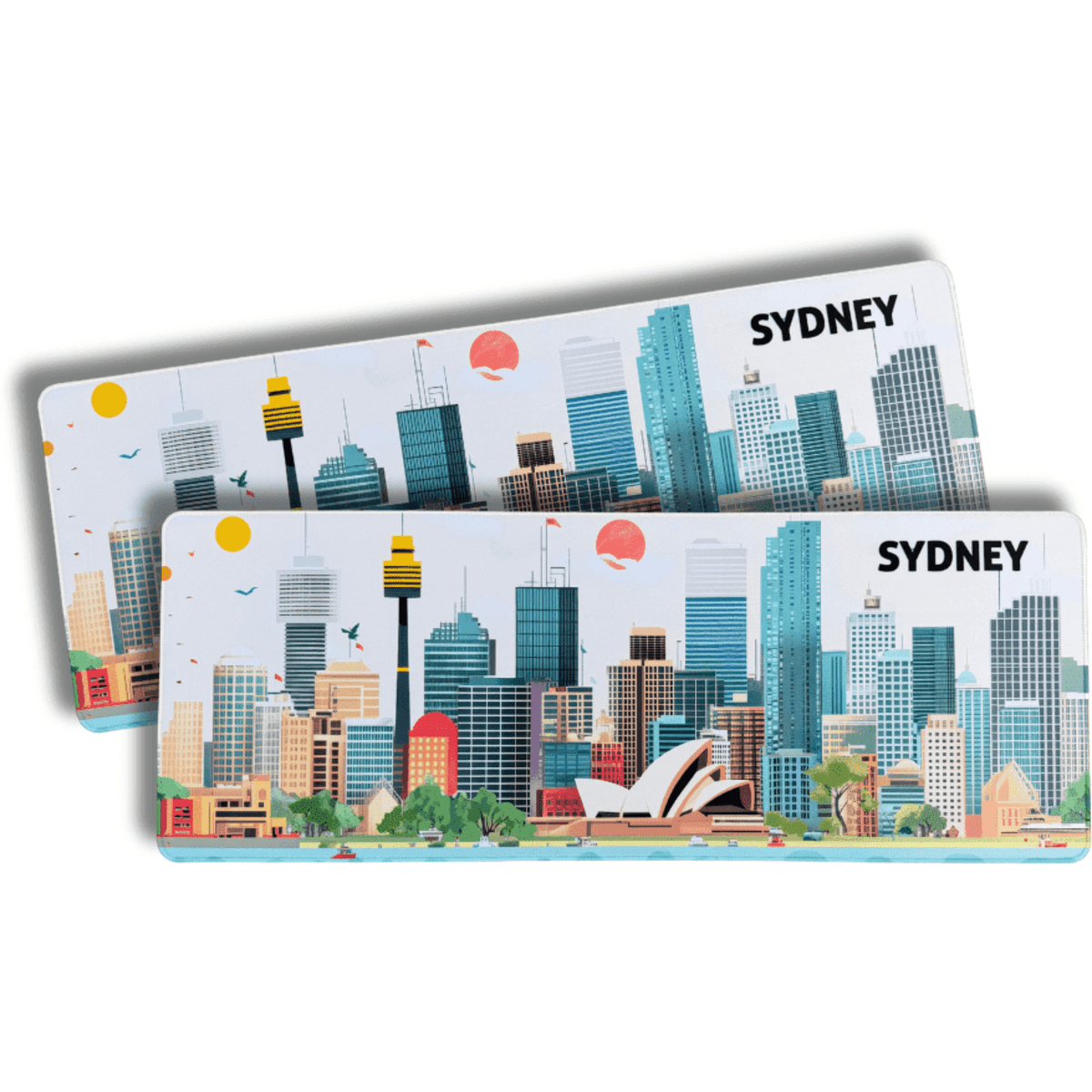 A desk mat featuring a colourful illustration of Sydney's skyline, including the Opera House and city buildings.