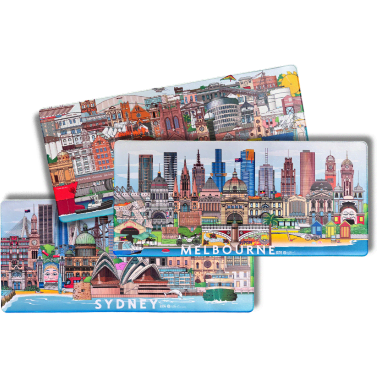Three desk mats featuring vibrant cityscapes of Sydney and Melbourne, showcasing iconic landmarks in bright colours.