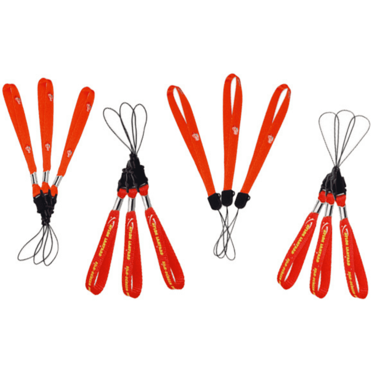 A set of red hand straps featuring loops and metal clips, suitable for mobile phones or keyrings.