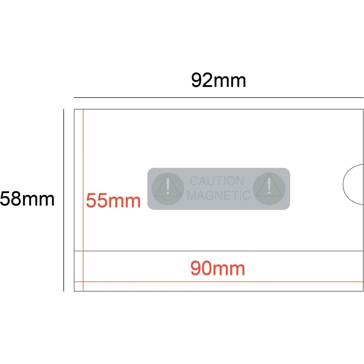 A rigid card holder magnet designed for business cards, featuring measurements and a caution logo. Primarily in grey.