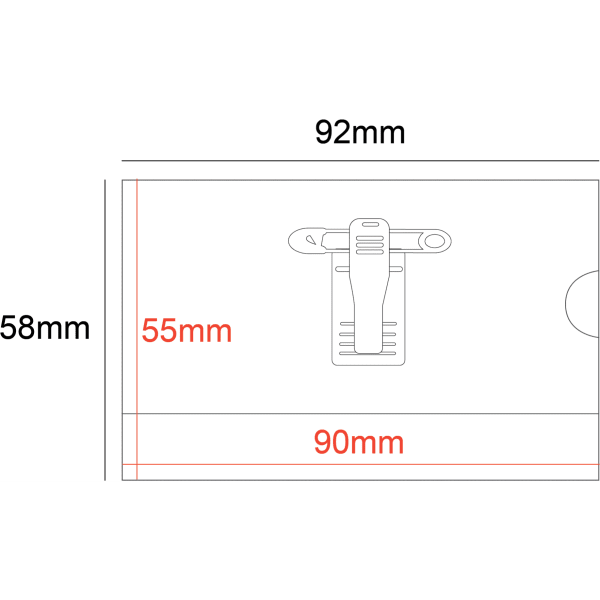A rigid card holder clip and pin in white, with dimensions indicating a 90x55mm size for badges or cards.