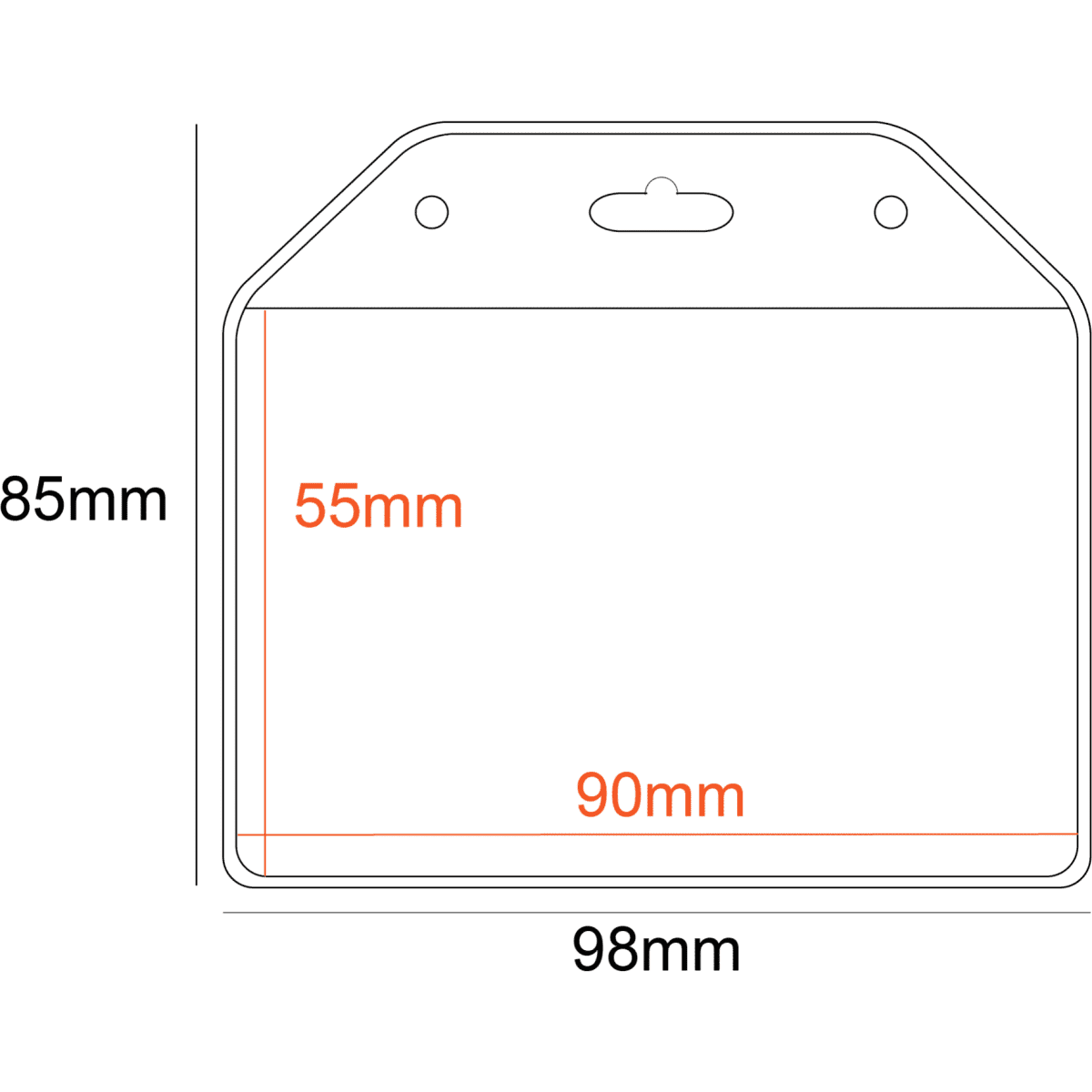 A clear PVC pocket holder in rectangular shape, sized 90x55mm, with a single slot at the top for attachment.