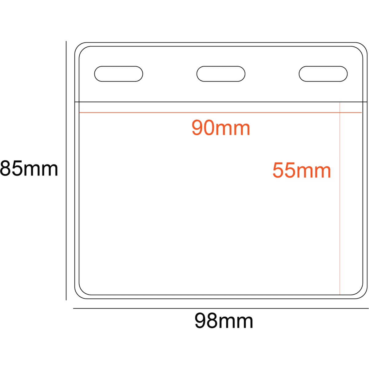 A transparent PVC badge holder with three slots, measuring 90x55mm, featuring dimensions outlined in red.