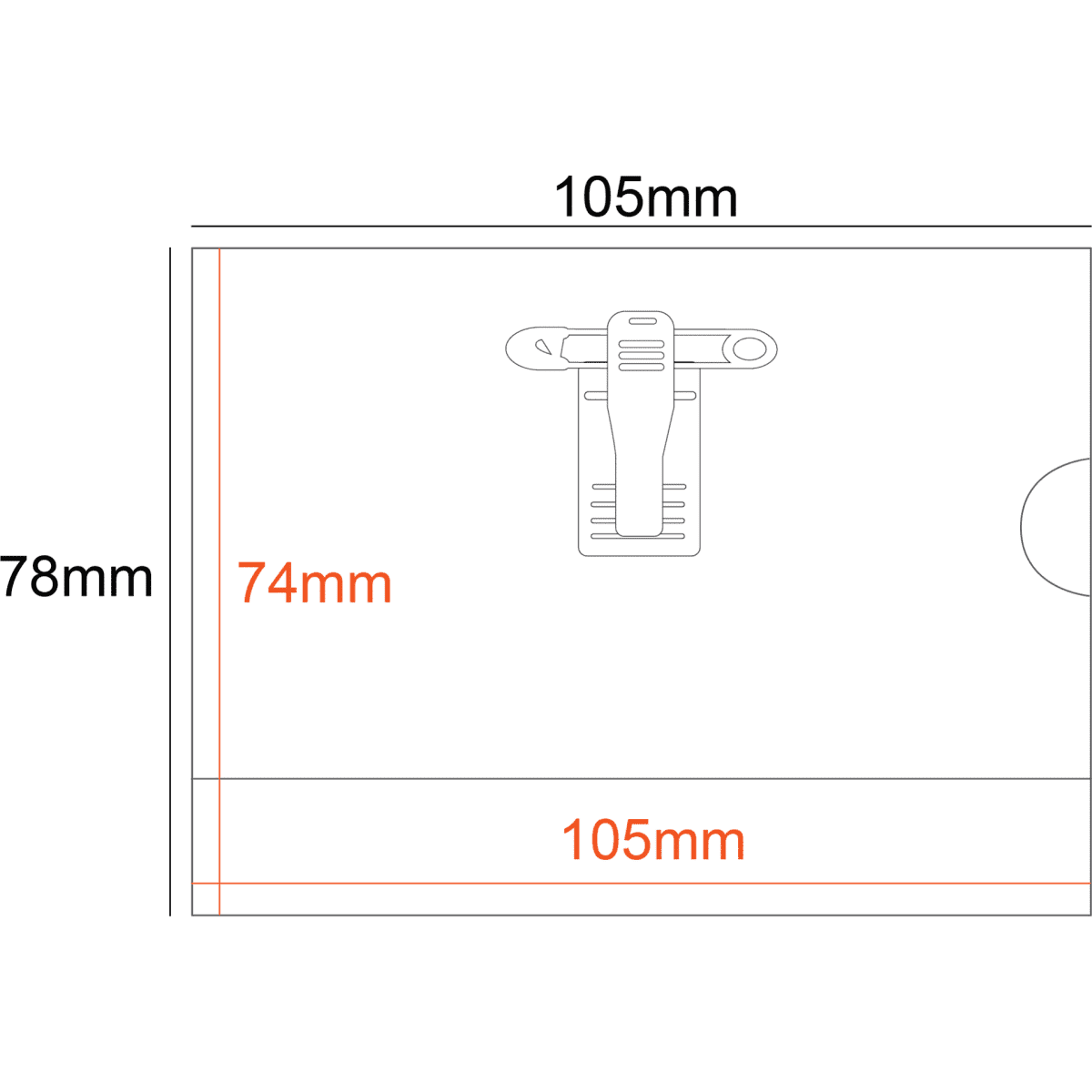 A transparent rigid name card holder measuring 105x74mm with a clip and pin attachment. Features dimensions for reference.