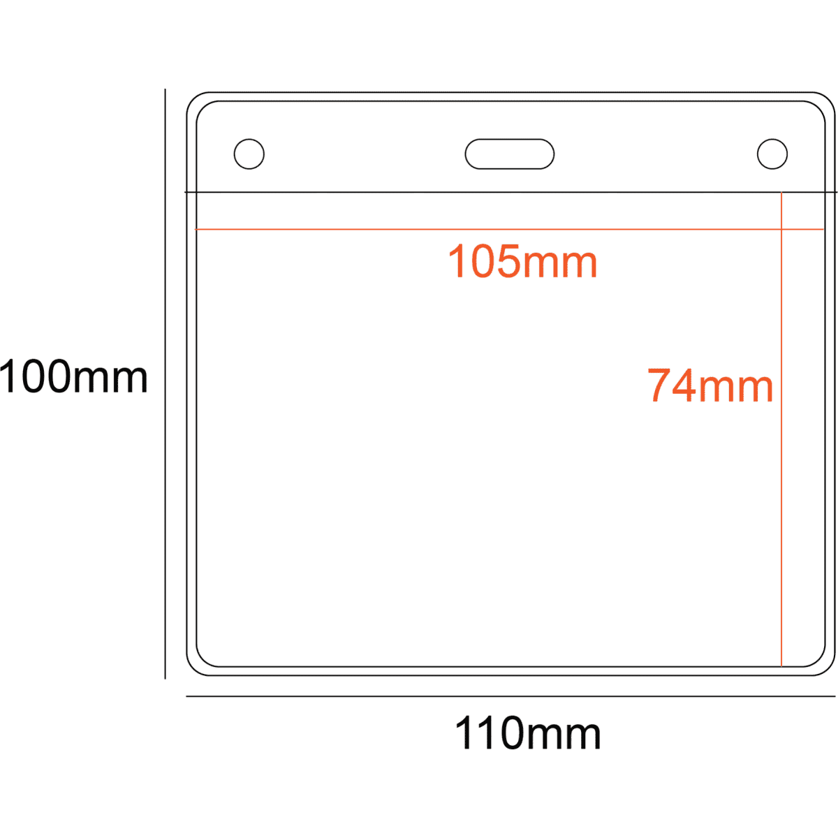 A transparent PVC pocket holder measuring 105x74mm with a slot at the top, featuring a white outline.