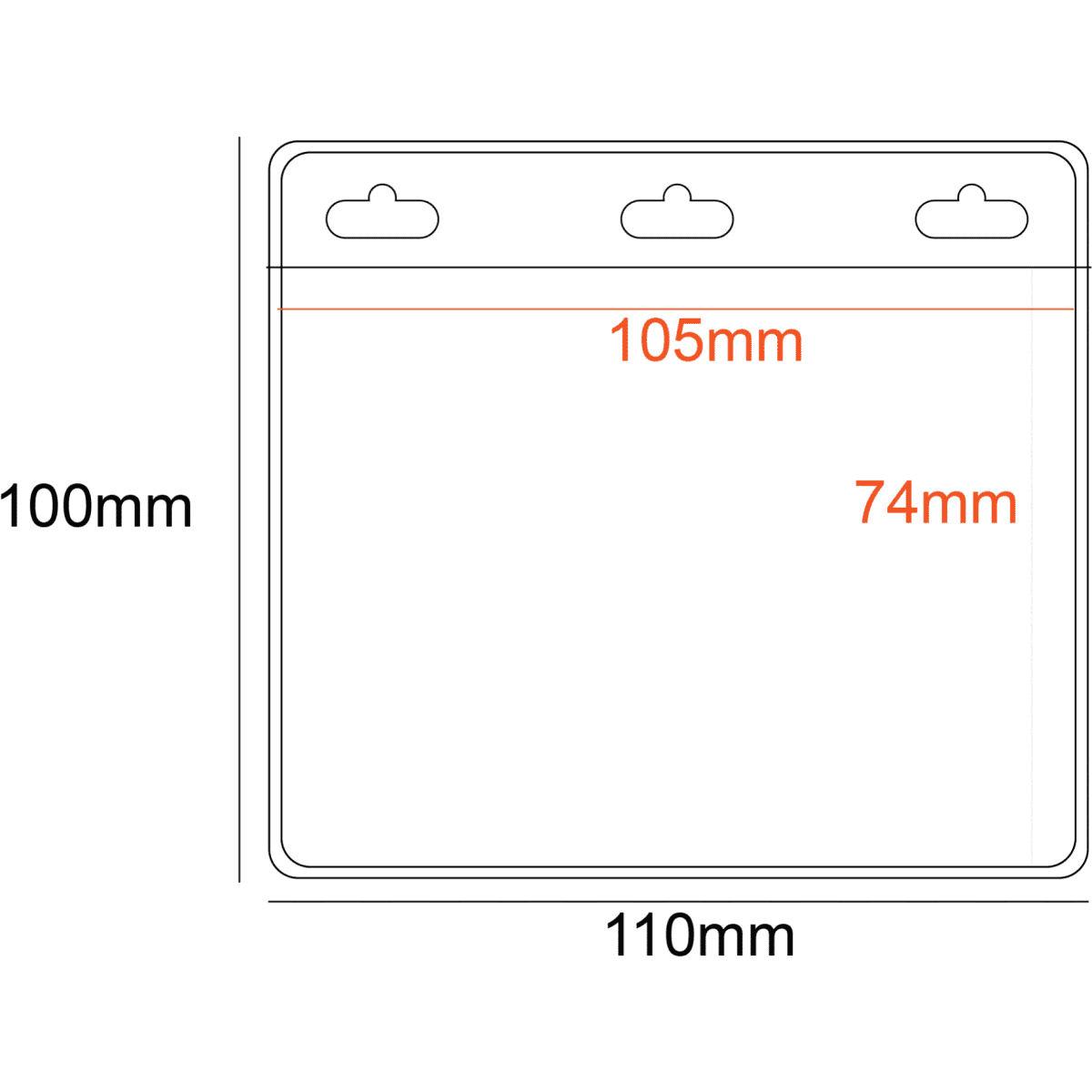 A transparent PVC pocket holder measuring 105x74mm with three slots, designed for badge display.